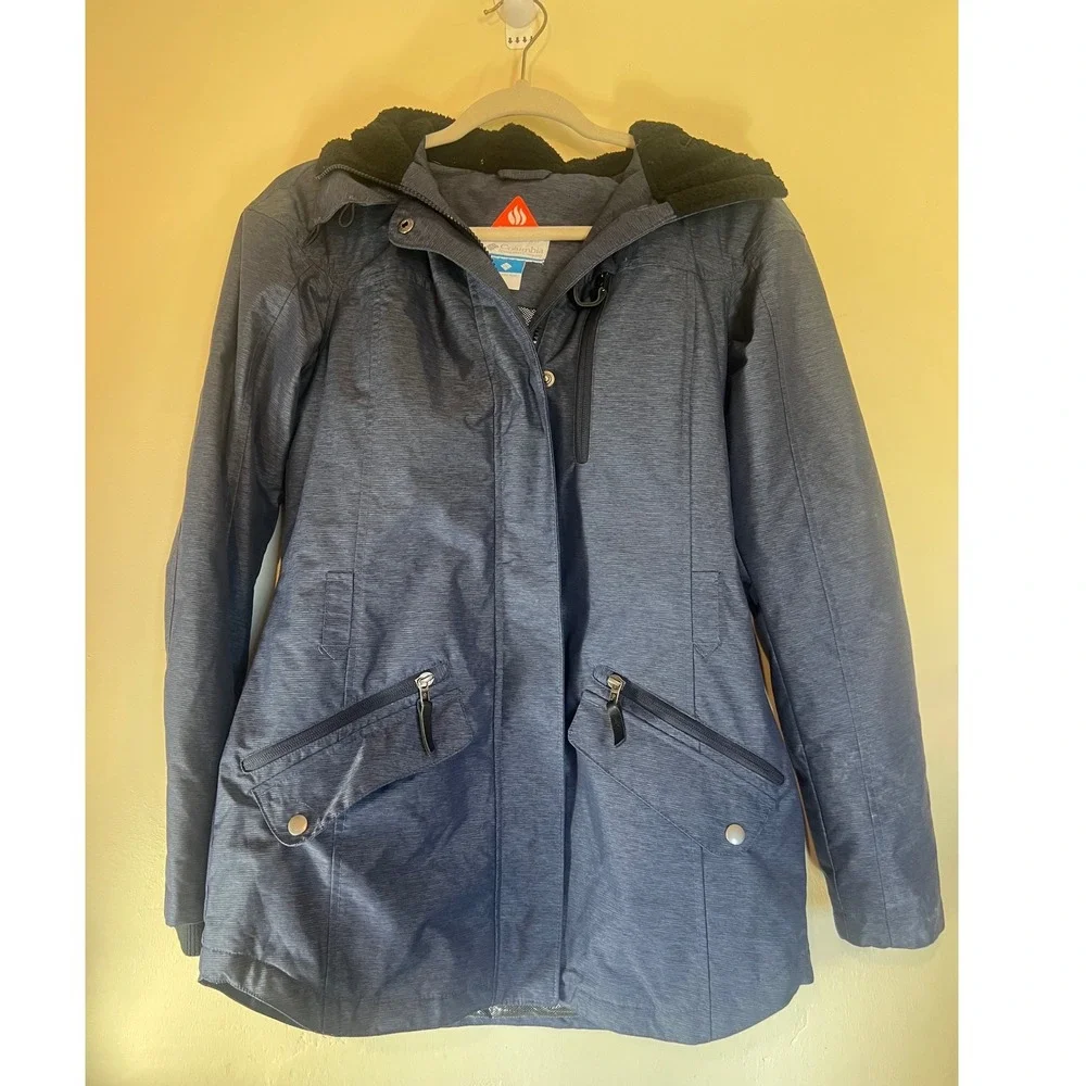 Columbia Omni Heat Hooded Parka Jacket‎ Blue Heathered Size S Waterproof Warm
